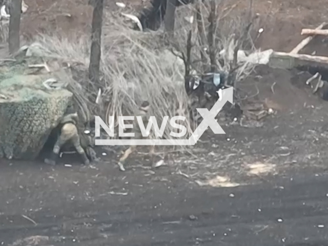 Russian soldiers run for their lives as Ukrainian kamikaze drones hit their positions and military equipment on the frontlines in Ukraine in undated footage. The footage released by the Ground forces of the Armed Forces of Ukraine on Friday, Mar. 22, 2024.
 Note: Picture is screenshot from a video (@landforcesofukraine/Newsflash)