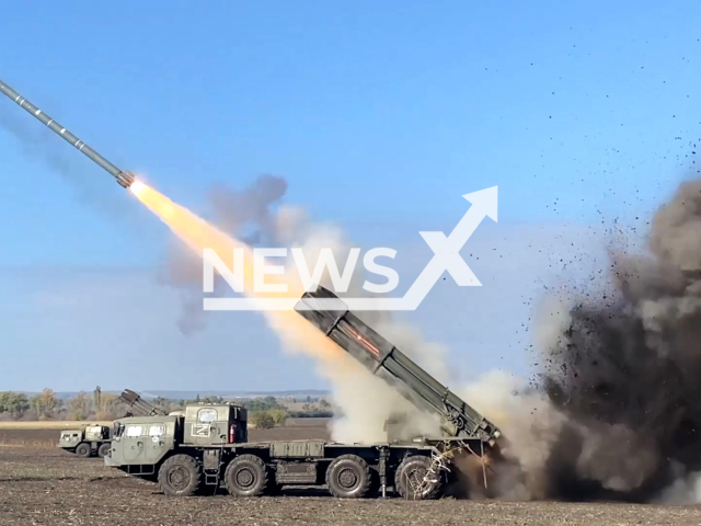 Russian rocket artillerymen use the heavy self-propelled 300 mm multiple rocket launcher Smerch to strike Ukrainian targets, in the Belgorod area, Russia.Note: Picture is screenshot from a video. (Ministry of Defense of the Russian Federation/Clipzilla)