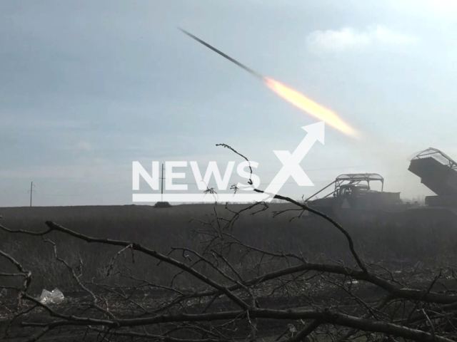 Russian troops of the Novorossiysk Guards Mountain Unit of the Airborne Forces group Dnepr use multiple rocket launcher  Grad  to destroy positions, equipment and manpower of the Ukrainian Armed Forces, in the Zaporizhzhia area, Ukraine. Note: Picture is a screenshot from the video. (Ministry of Defense of the Russian Federation/Clipzilla)