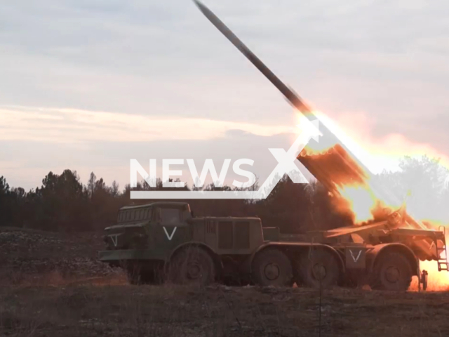 Russian troops use multiple rocket launcher BM-27 Uragan to carry out fire missions day and night to destroy armored vehicles, fire weapons, ammunition depots, and fortified positions of the Ukrainian Armed Forces on the right bank of the Dnieper, Ukraine. Note: Picture is a screenshot from the video. (Ministry of Defense of the Russian Federation/Clipzilla)