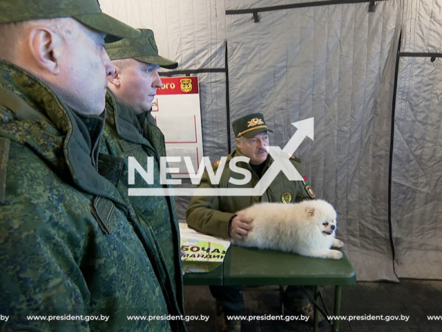 Photo shows President of Belarus Alexander Lukashenko's dog Umka at a military meeting in Ashmyany district of the Grodno region in Belarus, March 26, 2024. Umka is on the frame for its weight. Note: Picture is screenshot from a video (President of the Republic of Belarus/Newsflash)