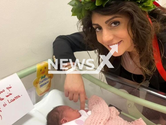 Photo shows Antonella Capizzi, with her newborn, undated. She gave birth and then, a few hours later, she discussed her master's thesis in Architecture on the design of green areas and landscapes from the Sant'Anna hospital in Turin, Italy. Note: Picture is private (Newsflash)