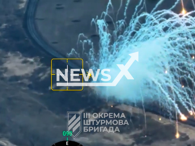 Ukrainian kamikaze drones destroy Russian armoured vehicles and military positions on the frontlines in Ukraine in undated footage. The footage released by the 3rd Separate Assault Brigade of the Armed Forces on Monday, Apr. 1, 2024.Note: Picture is screenshot from a video. (@ab3army/Newsflash)