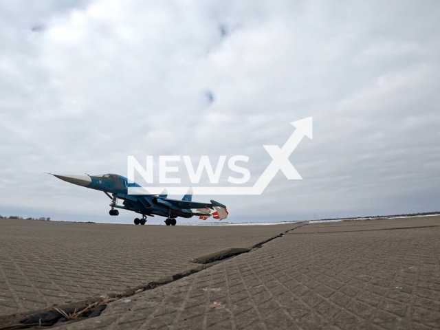 Photo shows Russian Sukhoi Su-34 supersonic fighter bombers attacking an enemy's command post and manpower in the area of Donetsk, Ukraine, on Apr. 1, 2024. Note: Picture is a screenshot from the video. (Ministry of Defence of the Russian Federation/Clipzilla)