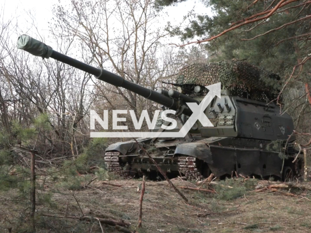 Photo  shows Russian units from the Western Military District attacking Ukrainian targets with 2S19 Msta-S howitzers in Ukraine's Kharkiv Oblast, bordering Russia's Belgorod Oblast, on Apr. 1, 2024. Note: Picture is a screenshot from the video. (Ministry of Defence of the Russian Federation/Clipzilla)