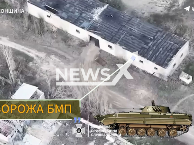 Ukrainian border guards destroy Russian infantry fighting vehicle in Kherson region in Ukraine in undated footage. The footage released by the State Border Service of Ukraine on Tuesday, Apr. 2, 2024. Note: Picture is screenshot from a video (@DPSUkr/Newsflash)