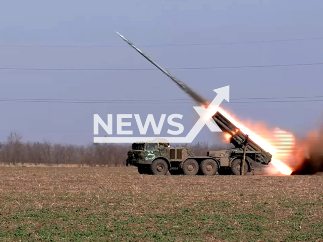 Photo shows Russian artillery units striking Ukrainian strongholds on the right bank of the Dnieper River in the Kherson Oblast, Ukraine, on Apr. 2, 2024. Note: Picture is a screenshot from the video. (Ministry of Defence of the Russian Federation/Clipzilla)