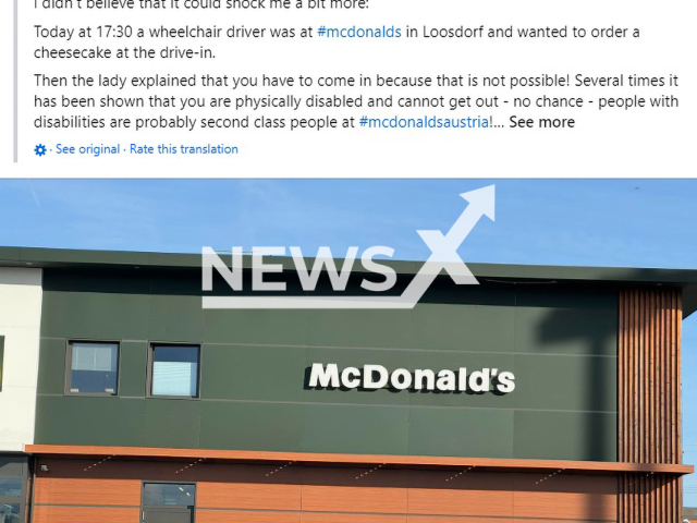 Image shows the McDonald's restaurant in the town of Loosdorf, Lower Austria State, Austria, undated photo. A disabled customer was denied service at a drive-thru at around 5:30pm on Apr. 5, 2024. Note: Photo is a screenshot from a post. (Newsflash)