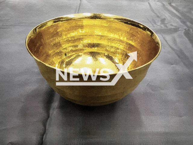 Photo shows a pure gold tea bowl that was found at an antique store in Tokyo’s Taito Ward in Japan, undated. It was stolen from a department store exhibition. Note: Photo is from the Metropolitan Police Department (Metropolitan Police Department/Newsflash)