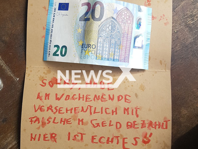 Image shows the apology letter, undated photo. A man used a fake EUR 20 bill to pay for his drink at a bar in Leipzig, Germany. Note: Private photo from social media. (@zum_wilden_heinz/Newsflash)