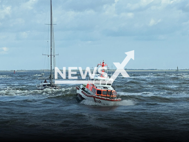 Image shows the Search and Rescue (SAR) boat Otto Diersch bringing the damaged sailing vessel to the harbour, on Sunday evening, Apr. 21, 2024. Four British sailors got stranded at sea between the East Frisian islands of Norderney and Juist, in Germany. Note: Licensed content. (Die Seenotretter - DGzRS/Newsflash)