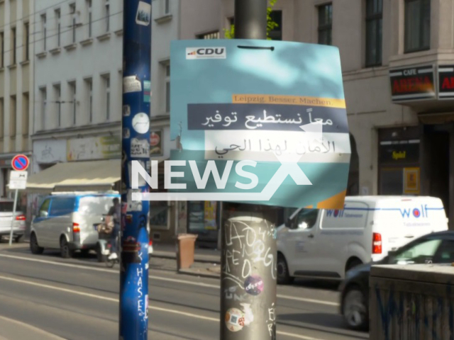 Image shows the election posters in Arabic, undated photo. More than 400 such posters were either stolen or destroyed in the city of Leipzig, Germany. Note: Photo is a screenshot from a video. (Newsflash)