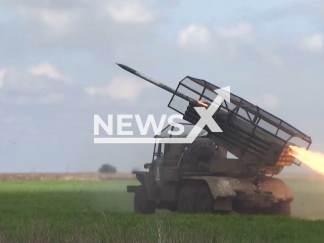 Russian forces fire at Ukrainian military positions using Grad MLRS on the right bank of Dnipro River, Ukraine in undated footage. The footage was released by the Russian MoD on Monday, May 6, 2024. Note: Picture is screenshot from a video (Russian MoD/Newsflash)