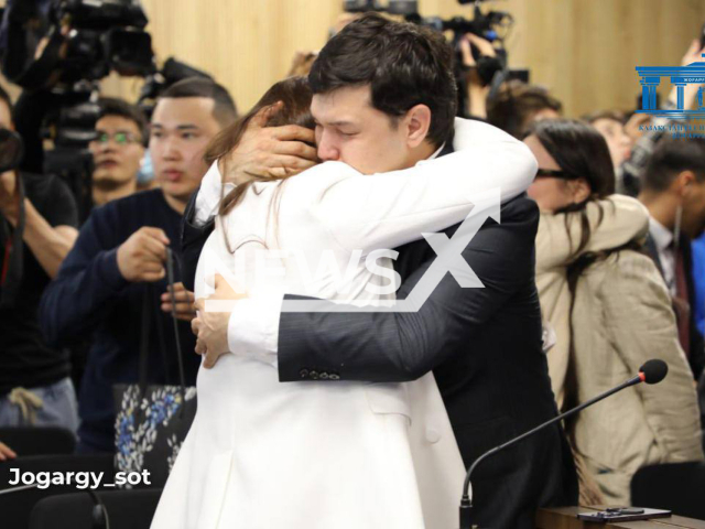 Aitbek Amangeldy, brother of Saltanat Nukenova, hugs his lawyer during court process in Asatan, Kazakhstan on Monday, May 13, 2024. Saltanat was killed by her husband, Kuandyk Bishimbayev. Note: Picture is  from  the Supreme Court of the Republic of Kazakhstan. (@SupcourtRK/Newsflash)