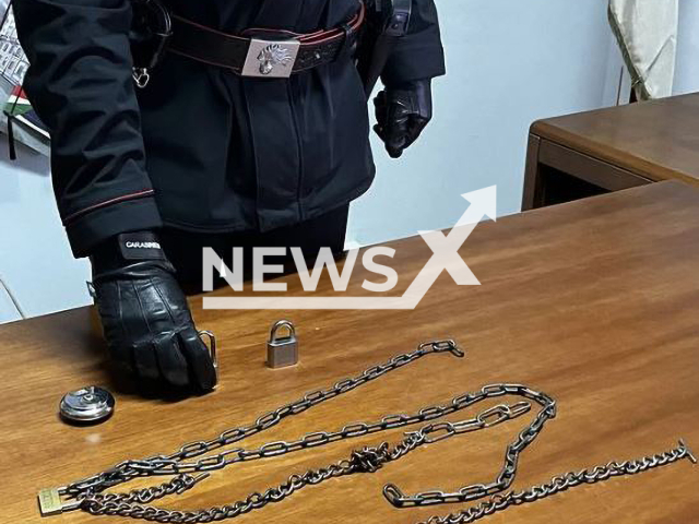 The chains used by the parents of a 21-year-old woman rescued by  police held at home for 3 years, in Avellino, Italy, on 25th April. Note: Police photo. (Carabinieri di Avellino/Newsflash)