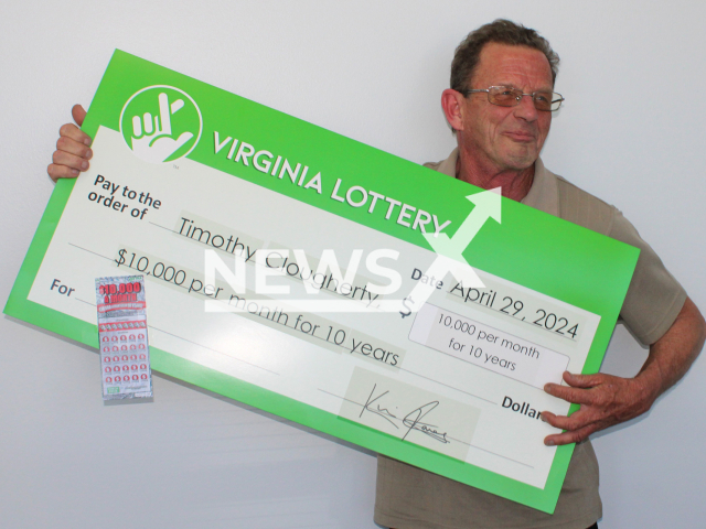 Picture shows the winner Timothy Clougherty, undated. He won the game’s top prize of $10,000 every month for the next ten years. Note: Lottery photo. (VA Lottery/Newsflash)