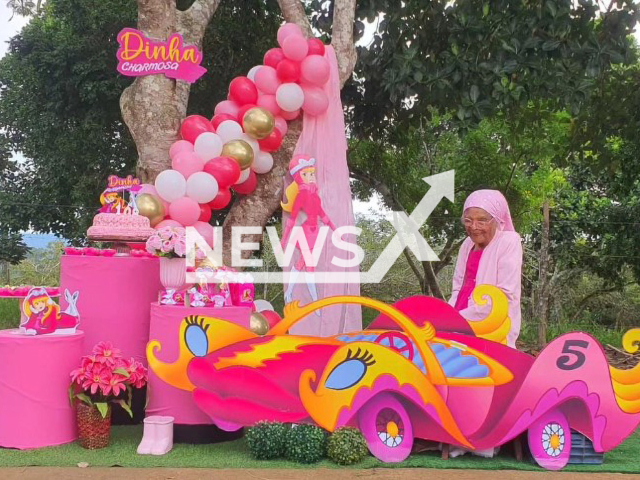 Picture shows Dona Joana Ricardina in Itirucu, Brazil, undated. She  turned 108 with new pink theme. Note: Private photo taken from social media. (@vovobarbie/Newsflash)