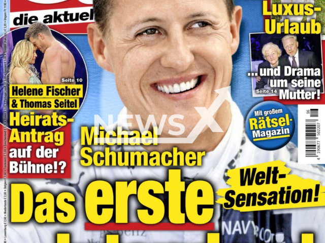 Image shows the magazine cover of die Aktuelle, showing the AI generated interview with Michael Schumacher, 55, undated photo. Schumacher's family was awarded EUR 200,000 (GBP 170,321) in damages. Note: Private photo. (Newsflash)