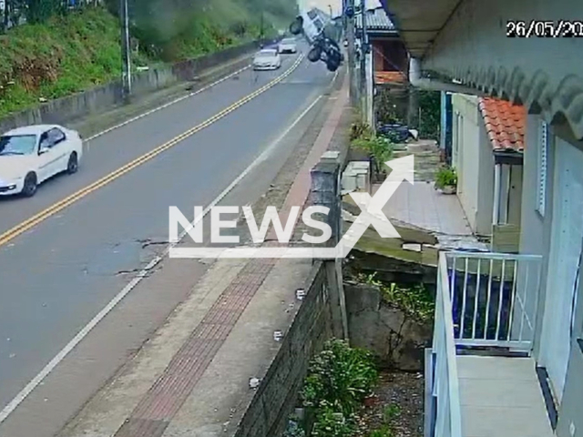 Car hits a house after driver lost control in Herval D'Oeste, Brazil, Sunday, May 26, 2024. A couple inside the car was taken to a hospital. Note: Picture is screenshot from a video (Newsflash)