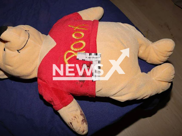 Picture shows the Winnie the Pooh plush toy, undated. A two-year-old girl was shot and the bullet impacted the toy, in Stockholm, Sweden, on October 12, 2023.Note: Police photo used in media.(Police/Newsflash)