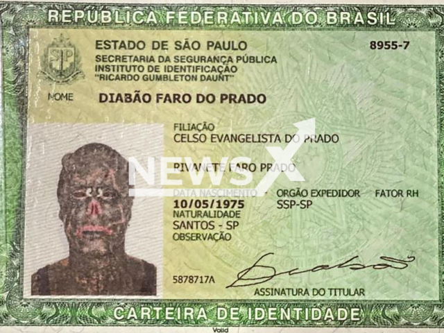 Picture shows the id card of Diabao Faro do Prado, undated. He legally changed his name  from Michel Praddo, the name given by his parents. Note: Private photo taken from social media. (@diabao.praddo_diablo.praddo/Newsflash)