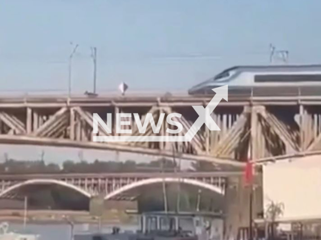 Photo shows the dramatic moment speeding train almost hits an elk on a railway bridge in Warsaw, Poland. The animal wasn't hurt. Note: Picture is screenshot from a video. (Newsflash)