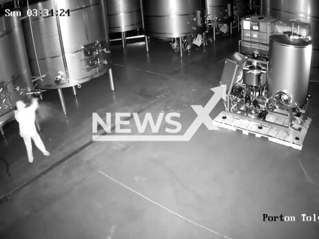 Photo shows the moment tanks with 60,000 liters of wine were emptied on Sunday, Feb 18, 2024. The  'Cepa 21 winery' owned by Jose Moro is located in Castrillo de Duero, Spain. Note: Picture is screenshot from a video (Newsflash)