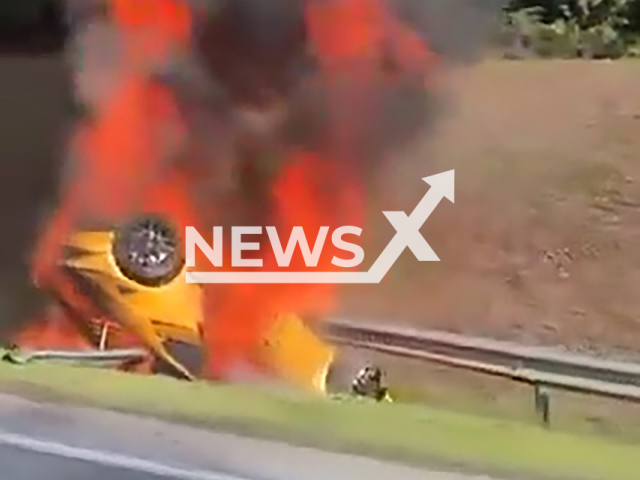 The Lamborghini car burns on the road in Bentong, Malaysia, Sunday, June 30, 2024. One person died.Note: Picture is screenshot from a video. (Newsflash)