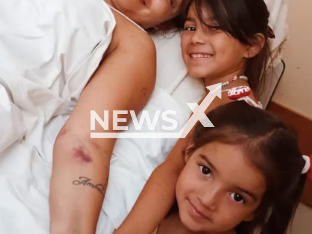 Picture shows Antonella Huilipan with children in undated photo. She suffered an amputation while her husband died in a wall collapse in Bahia Blanca, Argentina. Note: Private photo taken from local media. (Antonella Huilipan/Newsflash)