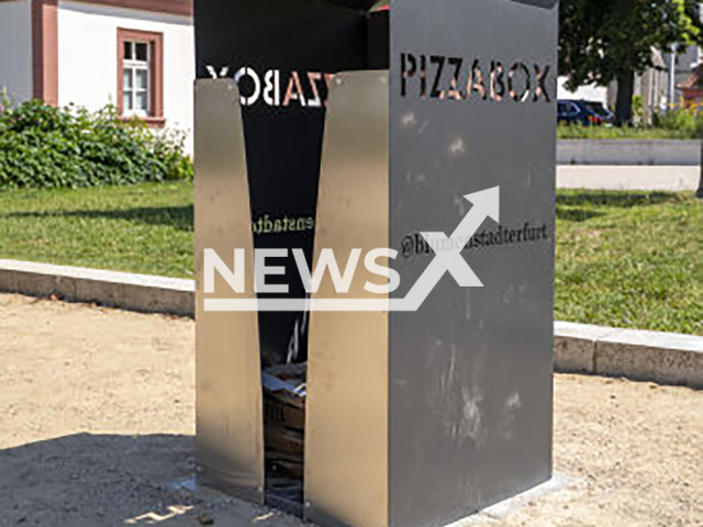 Image shows a pizza box, undated photo. They were set in the city of Erfurt, Germany, in a bid to battle littering. Note: Licensed content. (City Administration of Erfurt/Newsflash)