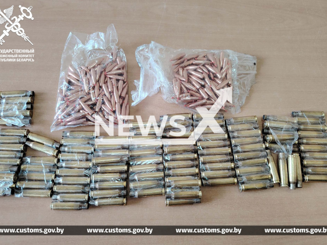 Photo shows seized bullets and casings from men coming from Poland in Brest, Belarus on Tuesday, July 9, 2024. One of the man taped bullets and shell casings under his trousers to his legs and placed some more in his shoes. Note: Photo is obtained from the Customs authorities of the Republic of Belarus. (@customs.gov.by/Newsflash)