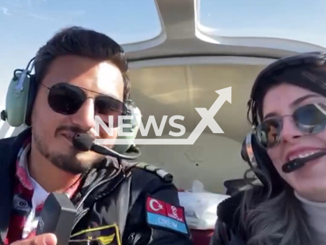 The moment Furkan Otkum, who died in the plane crash in Bursa proposed to his girlfriend Asli Yuce on the same plane crashed into a neighbourhood in northwestern Bursa, Turkey and burst into flames, on 25th April 2022. Note: Picture is a screenshot from a video (Newsflash)