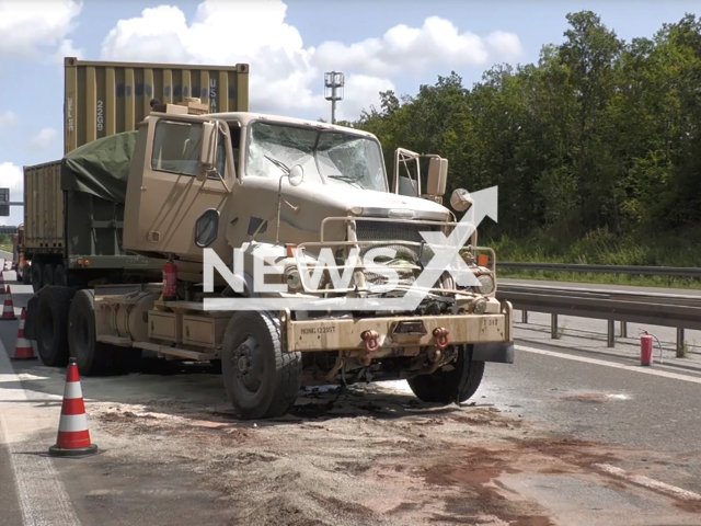 Image shows the accident near Feuchtwangen, Bavaria State, Germany, undated photo. It happened when three U.S. military trucks collided with each other and a car, July 17, 2024. Note: Photo is a screenshot from a video. (Newsflash)