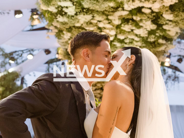 Oriana Sabatini and Paulo Dybala pose in undated photo. They got married in Argentina. Note: Private photo taken from social media. (@paulodybala/Newsflash)