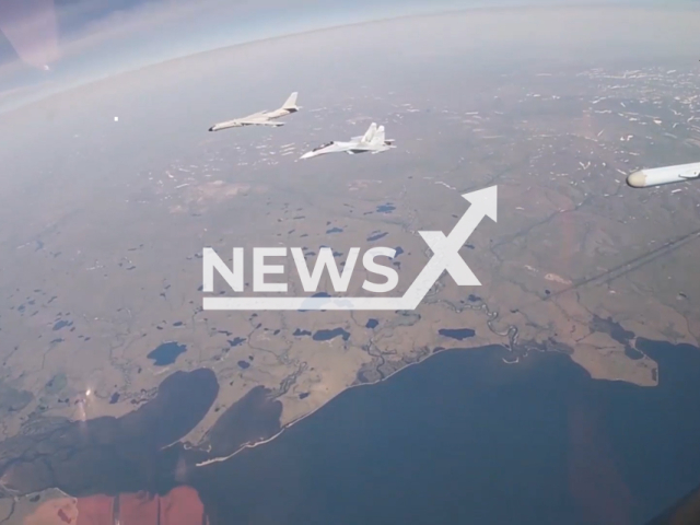 Russian Tu-95MS and Chinese H-6K bombers perform joint air patrol over the Chukchi Sea, Bering Sea waters, and the northern part of the Pacific Ocean, July 25, 2024.
Note: Picture is screenshot from a video. (@mod_russia/Newsflash)