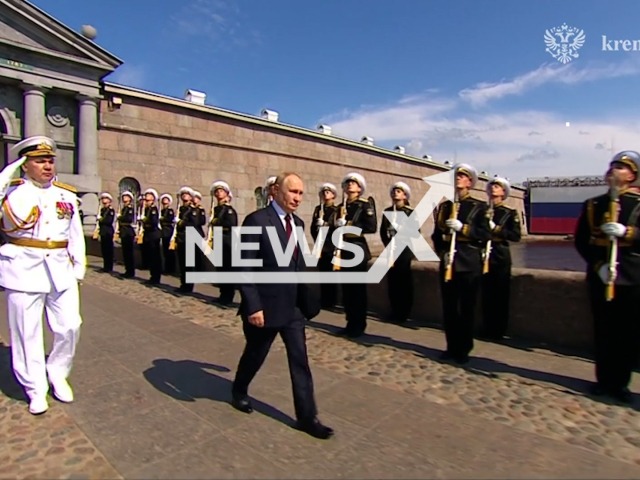 Image shows the President and Supreme Commander-in-Chief of Russia Vladimir Putin, undated photo. He was reviewing the Main Naval Parade at the celebration of the country's Navy Day in Saint Petersburg, Russia, July 28, 2024. Note: Photo is a screenshot from a video. (Russian Ministry of Defence (MoD)/Clipzilla)