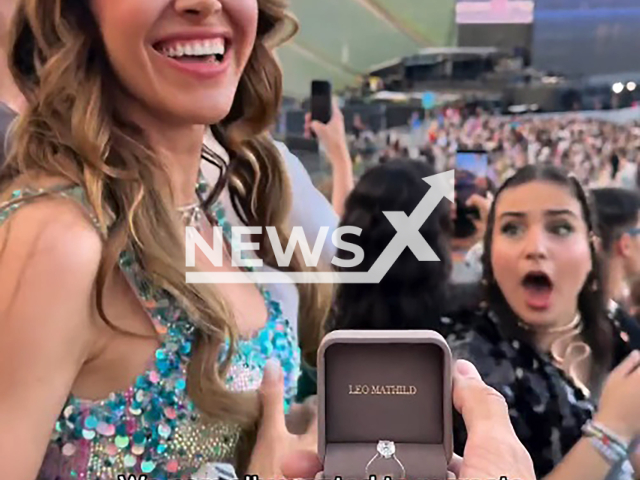 Image shows influencers Maurice, 33, and Madeleine, in undated photo. They had a second proposal at a Taylor Swift concert.  Note: Photo is a screenshot from a video. (Newsflash)