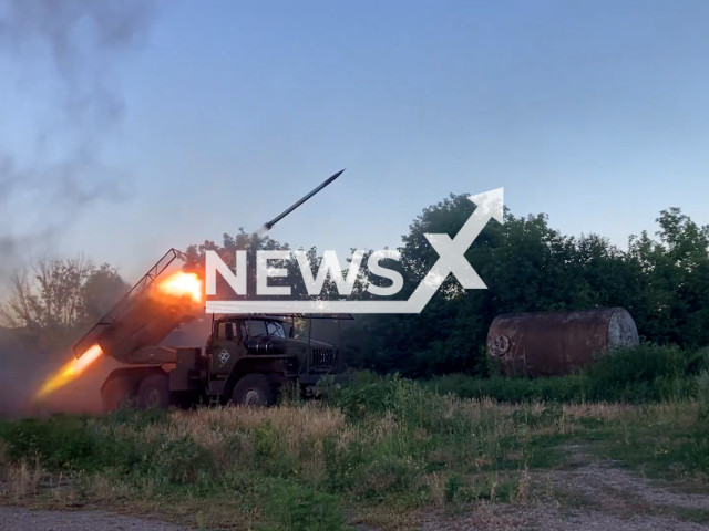 Image shows Russian BM-21 Grad multiple rocket launchers, undated photo. They destroyed Ukrainian ammunition depots, manpower, and military equipment in Eastern Ukraine, August 4, 2024. Note: Photo is a screenshot from a video. (Clipzilla)