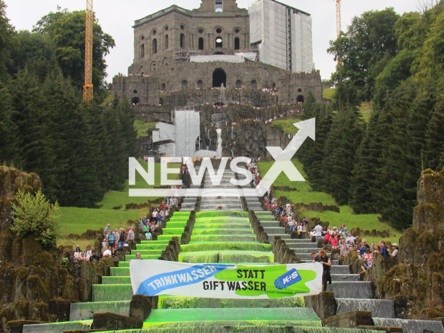 Image shows activists from the Climate Justice Kassel group, undated photo. They targeted the UNESCO World Heritage Site Bergpark Wilhelmshoehe, in Kassel, Germany. Note: Private photo from social media. (@KligK_KlimaKS/Newsflash)