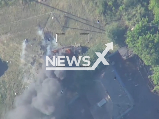 Image shows three Ukrainian armoured vehicles engulfed in flames, undated photo. The attack took place in Kursk, Kursk Oblast, Ukraine, August 11, 2024. Note: Photo is a screenshot from a video. (Clipzilla)