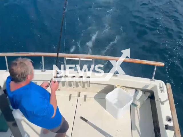 A shark attacks a fish on fishing rod of fishermen on a boat in the Peter the Great Gulf on the southern coast of Primorsky Krai, Russia on Friday, Aug.9,2024. The shark ate their entire catch. Note: Photo is screenshot from a video (Newsflash)