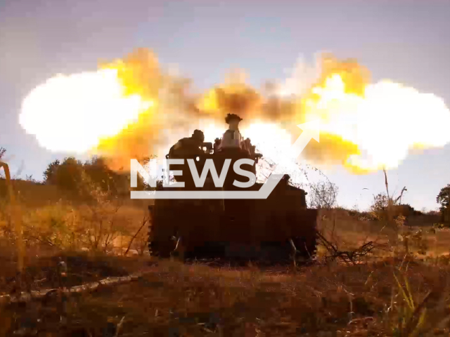 Image shows Russian units striking Ukrainian targets with 2S5 Giatsint-S self-propelled guns and 2S19 Msta-S howitzers, undated photo. It occurred near the border with Kursk, Kursk Oblast, Russia, on August 18, 2024. Note: Photo is a screenshot from a video. (Russian Ministry of Defence (MoD)/Clipzilla)