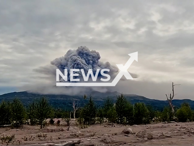 Shiveluch volcano erupts in Kamchatka Krai, Russia on Sunday, Aug. 18, 2024. The volcano erupted after a 7.0 magnitude earthquake.Note: Photo is a screenshot from a video. (@IViS_DVO_RAN/Newsflash)