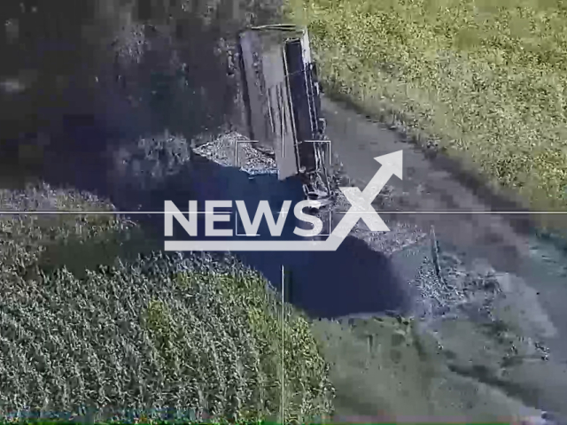 Image shows a Ukrainian ST-68U Tin Shield radar station getting demolished in a ZALA Lancet drone attack carried out by Russia, undated photo. It took place in Sumy, Sumy Oblast, Ukraine, August 26, 2024. Note: Photo is a screenshot from a video. (Russian Ministry of Defence (MoD)/Clipzilla)