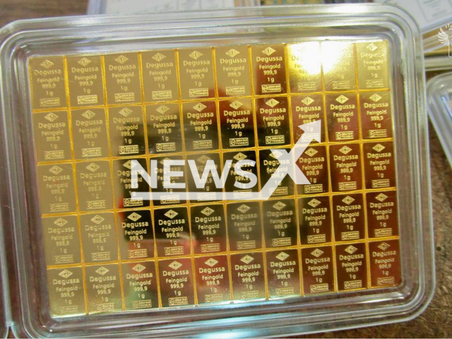 Image shows the smuggled golden bars, undated photo. A 58-year-old man from Germany was caught in Pskov, Pskov Oblast, Russia. Note: Licensed content. (Federal Customs Service of Russia/Newsflash)