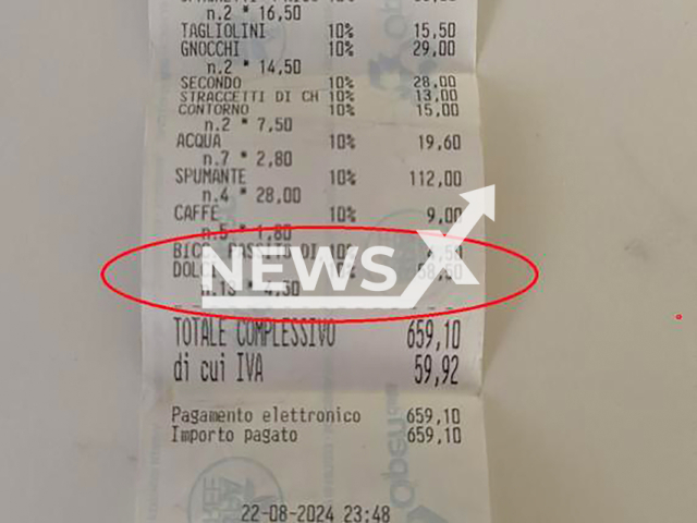 Image shows the receipt, undated photo. A woman was charged EUR 58 (GBP 50) to cut her own birthday cake at her party by a restaurant in Arezzo, Tuscany, Italy. Note: Private photo from local media. (Newsflash)