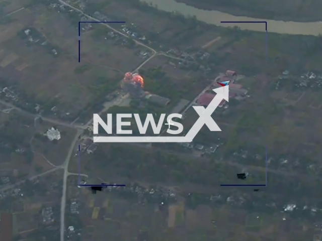 Image shows a Ukrainian missile and artillery arms depot getting destroyed by a Russian 9K720 Iskander short-range ballistic missile system, undated photo. It took place in Nyzhnya Syrovatka, Sumy Oblast, Ukraine, Sept. 1, 2024. Note: Photo is a screenshot from a video. (Russian Ministry of Defence (MoD)/Clipzilla)