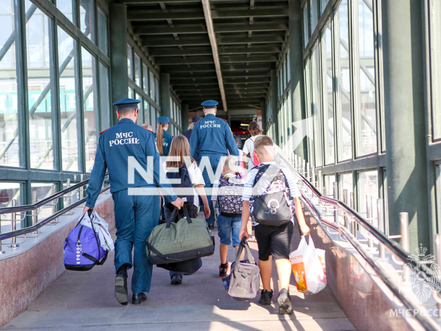 The Russian Emergencies Ministry staff and volunteers meet more than 100 children from the Kursk region at the Ladozhsky railway station in Saint Petersburg, Russia on Tuesday, Sep. 3, 2024. Children were transported due to danger in the area bordering Ukraine. Note: Licensed emergency photo. (@mchs_official/Newsflash)