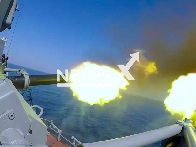 Russian and Chinese warships conduct artillery drills in the Sea of Japan, Thursday, Sep. 12, 2024.Note: Photo is a screenshot from a video. (Russian Ministry of Defence/Newsflash)