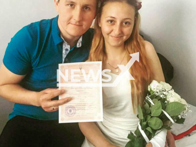 Oksana, a 23-year-old nurse from Lysichansk, Ukraine, who as result of the explosion lost both legs and fingers on her hand, with husband Viktor. Note: Private photo with permision to use.  (@ksyucha_kareglaska_/Newsflash)